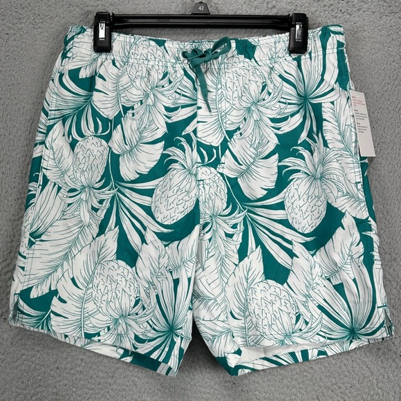Old Navy Men Swim Trunks Small Green White Pineapple Leaf Print Board Shorts NEW - Picture 1 of 7